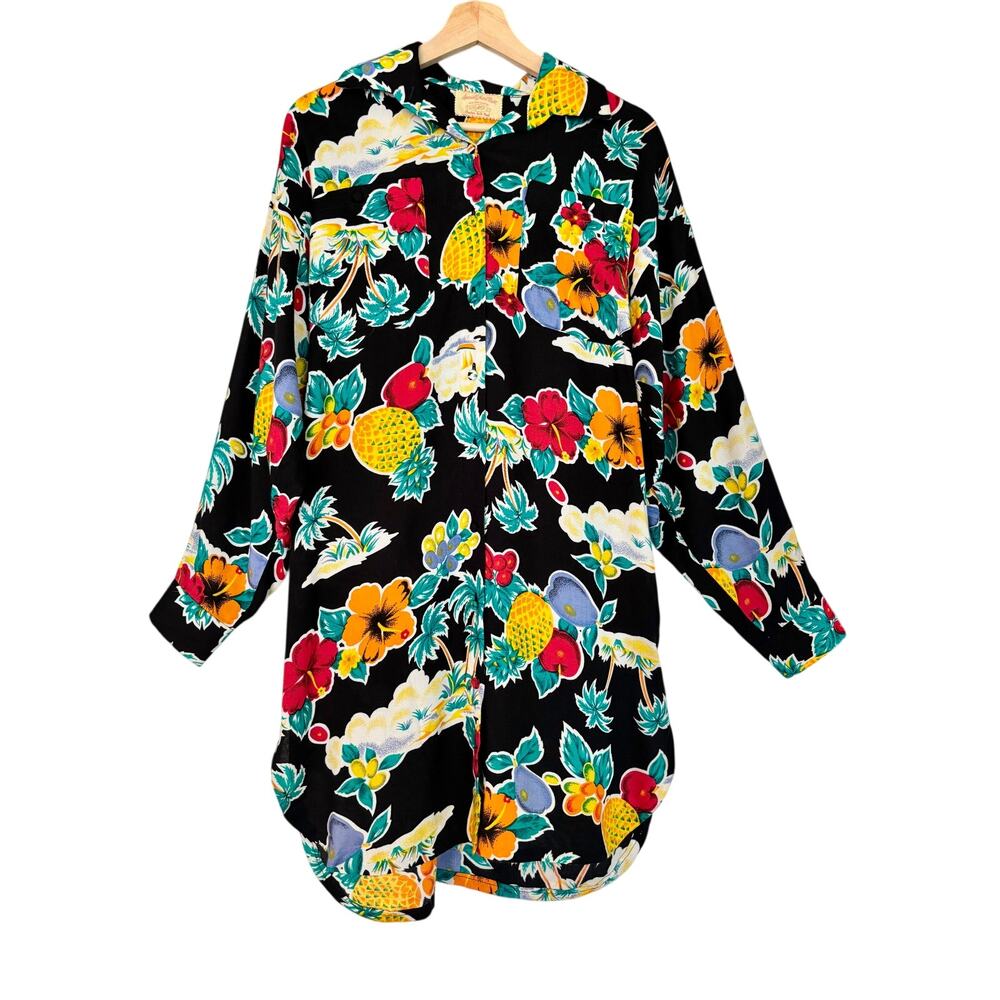 OOAK Vintage Handmade Multicolor Tropical Fruit Print Shirt Dress Resort Medium